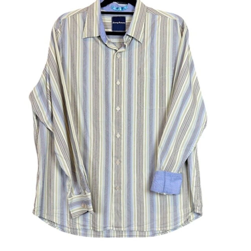 Tommy Bahama Silk Blend Button Front Shirt Contrast Cuff Stripe‎ Yellow Blue XL